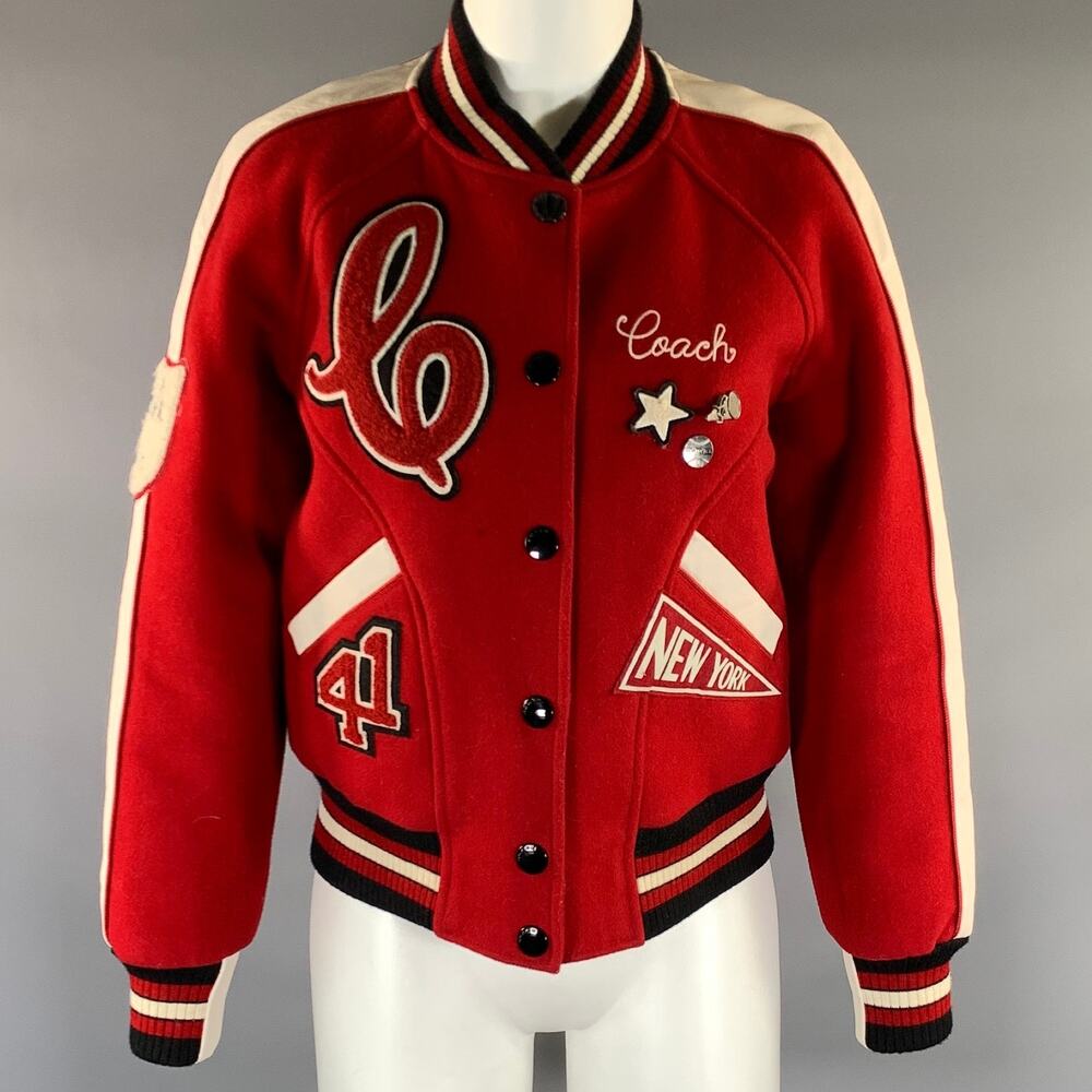 COACH Size S Red White Wool Nylon F20496 Patches Varsity Jacket